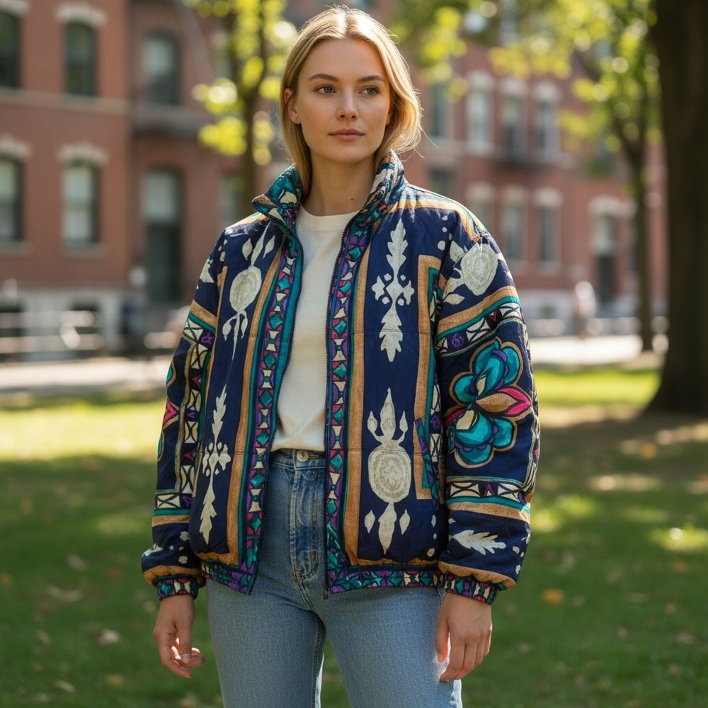 Vintage 100% Silk Bomber Jacket Stunt Sports Navy Blue Floral Print Puffer 2X